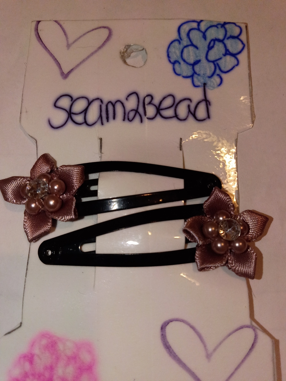Pink Satin Flower Pearl Snap Clips - Set of 2